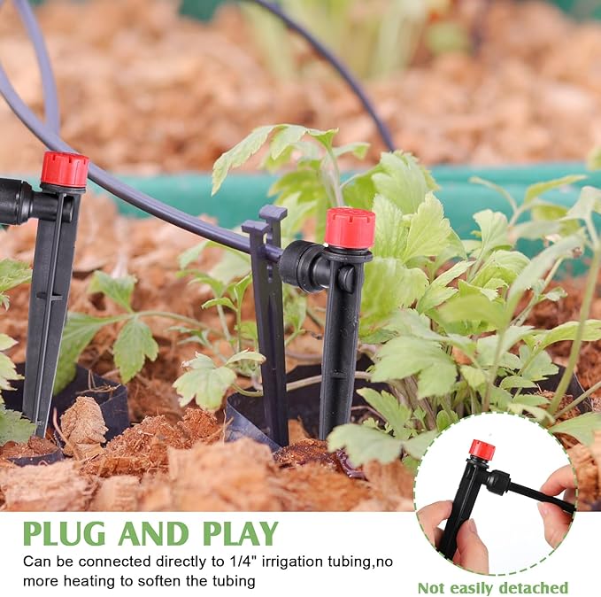 100 Pcs Drip Irrigation Emitters for 1/4'' Irrigation Tubing Adjustable Water Flow Drip Emitters with Stake Drip Irrigation System Irrigation Drippers with 360 Degree Sprayer for Garden Patio-BloomoryGarden