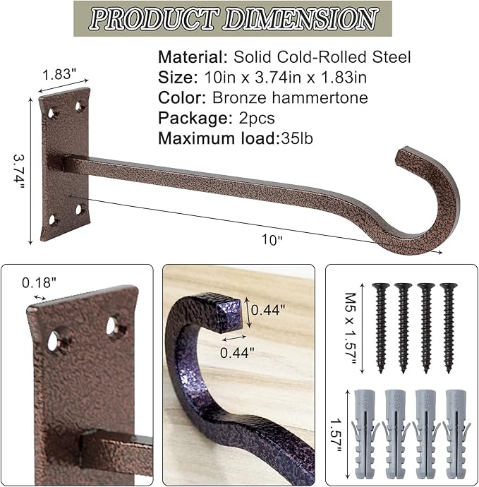 10inch Heavy Duty Plant Hangers Outdoor or Indoor Bird Feeder Hanger Shepherd Hooks 2pcs Bronze hammertone Metal Wall Hook for Hanging Plant Bracket, Lantern, Flower Basket, Wind Chimes-BloomoryGarden