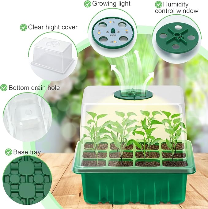 Lunies 6 Packs Seed Starter Tray with Grow Light, Indoor Greenhouse Seeding Starter Trays for Planting, Base Gardening Plant Germination Kit, Seed Starter Kit with Humidity Domes, (12 Cells per Tray)-BloomoryGarden