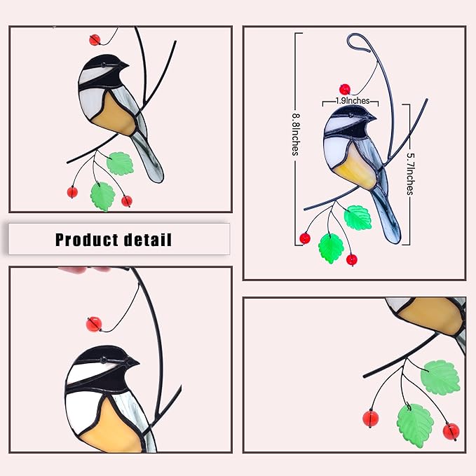 Lolitarcrafts Chickadee Stained Glass Suncatcher Bird Stained Glass Window Hangings for Window Decoration-BloomoryGarden