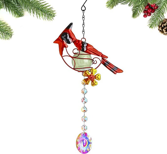 13inch Stained Metal Cardinal Birds Sun Catcher Decorative Window Hanging Ornament Crystals Prism Suncathers Red Bird for Home Garden Decor-BloomoryGarden