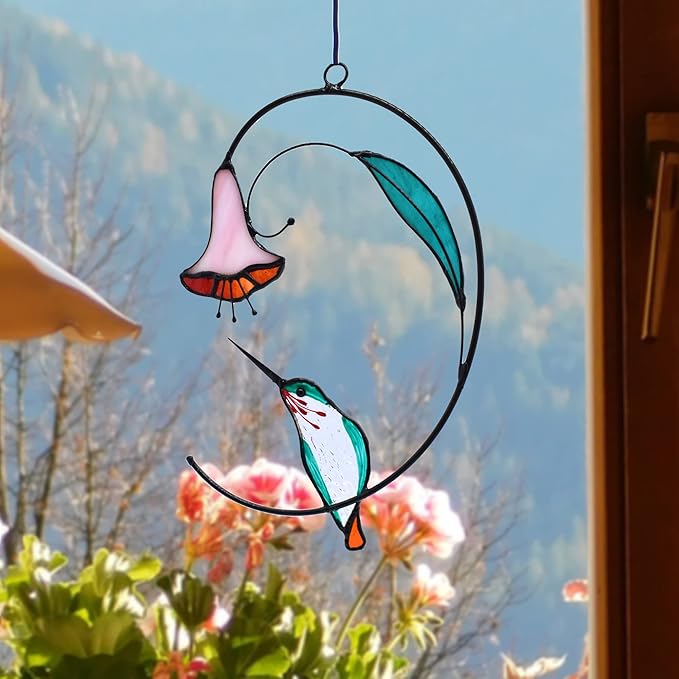 Lolitarcrafts Hummingbird with Flower Stained Glass Suncatcher Bird Stained Glass Window Hangings Hummingbird Gift for Home Decor (Green)-BloomoryGarden