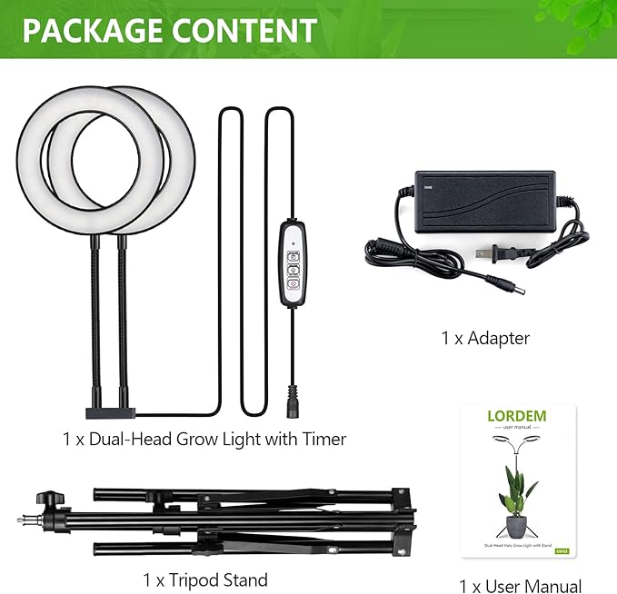 LORDEM Grow Light for Indoor Plants, Dual-Head Plant Light for Plants Growing, Full Spectrum Growth Lamp with Auto Timer for 4/8/12H, 4 Dimmable Levels, 144 LEDs, Height Adjustable Stand 24.4"- 67"-BloomoryGarden