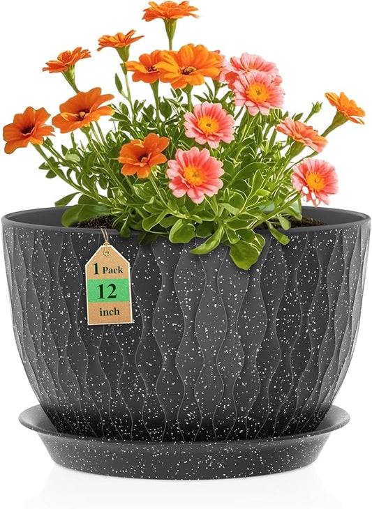 12 Inch Wide Water Ripples Flower Pots for Indoor or Outdoor Plants, Large Plant Pots with Drainage Holes & Saucer, Plastic Planters Set for Garden & Home Decor (Black with White Speckles)-BloomoryGarden