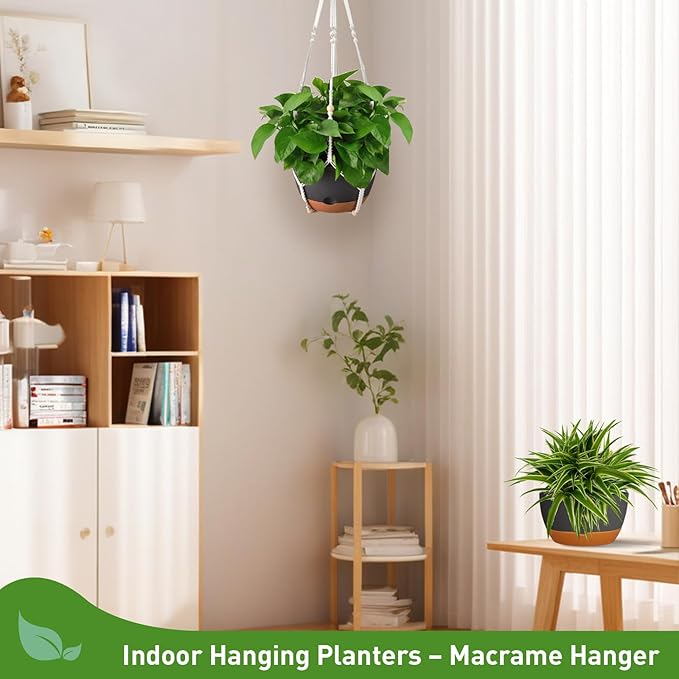 10 Inch Hanging Planters for Indoor & Outdoor Use (2 Pack) - Self-Watering & Drainage Flower Pots with Chain & Macrame Hangers (Deep Gray, 10 in)-BloomoryGarden