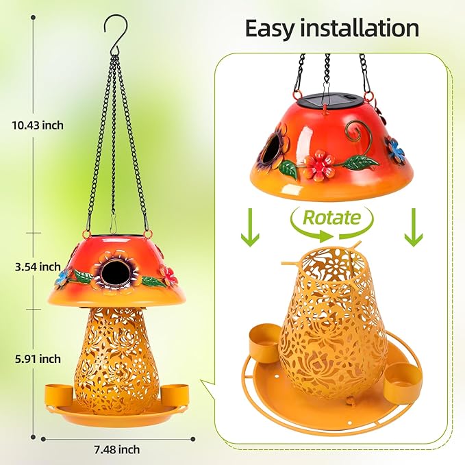 Mushroom Solar Bird Feeders for Outdoors Hanging Metal Wild Bird Feeder Garden Lantern with S Hook for Garden Decoration Orange-BloomoryGarden