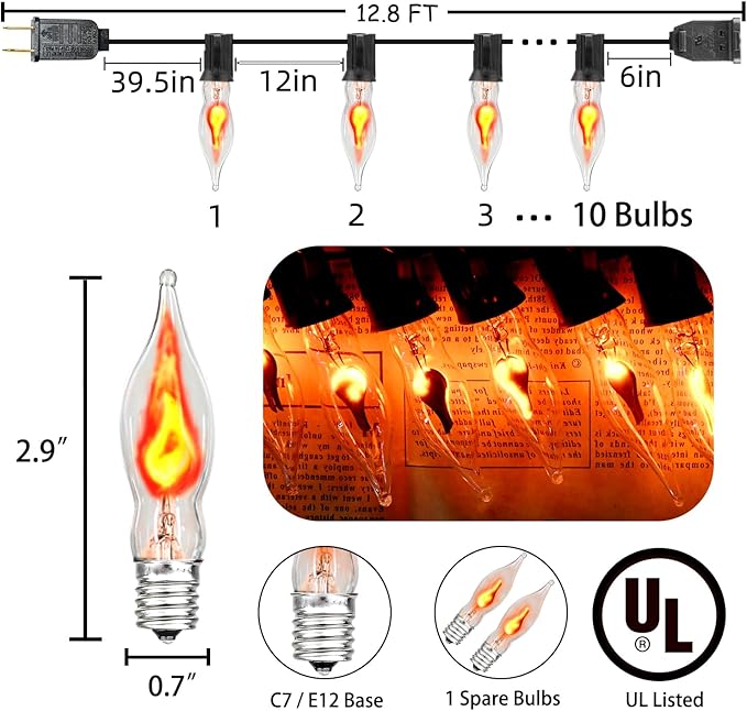 12.8Ft Christmas Lights Flickering Flame String Lights with 12 Pack Clear C7 Flame Light Bulbs（2 Spare）, Great for Indoor Outdoor Home Patio Party Christmas Decorations Lights, 1W, E12 Base-BloomoryGarden