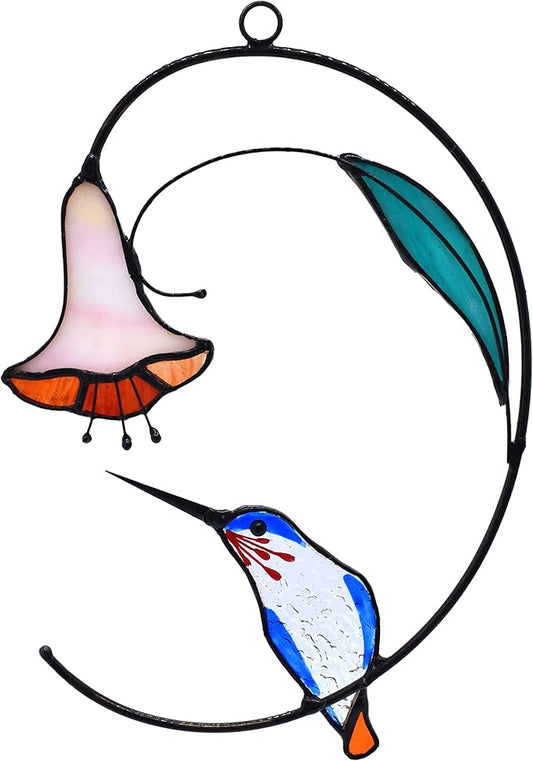 Lolitarcrafts Hummingbird with Flower Stained Glass Suncatcher Bird Stained Glass Window Hangings Hummingbird Gift for Home Decor (Blue)-BloomoryGarden