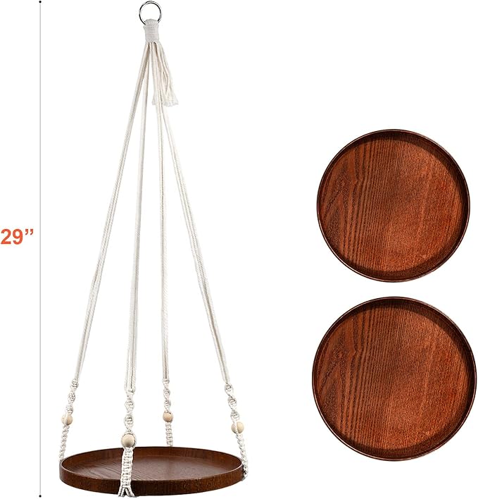 Macrame Plant Hanger - 2 Set Indoor Hanging Planter Shelf - Hanging Planter Rack Decorative Flower Pot Holder - Handmade Cotton Plant Hangers with Wood Tray Boho Home Decor-BloomoryGarden
