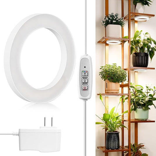 LORDEM 6.3” Ceiling Grow Light for Indoor Plants, 72 LEDs Full Spectrum Halo Plant Light, Under Cabinet Growing Lamp with 4/8/12H Auto Switch, 4 Dimmable Brightness Levels, Ideal for Pot Plants-BloomoryGarden
