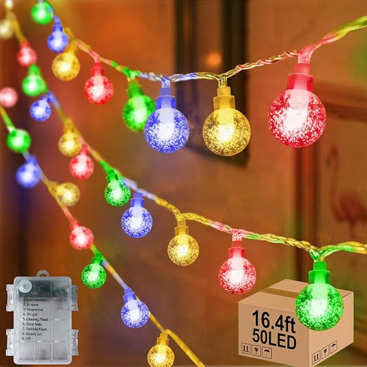 16.4ft 50LED Globe String Lights Indoor Bedroom Battery Operated, Crystal Fairy Light IP44 Waterproof Outdoor Hanging Decorative Lights for Home Tent Patio Garden Party Wedding Decor-BloomoryGarden