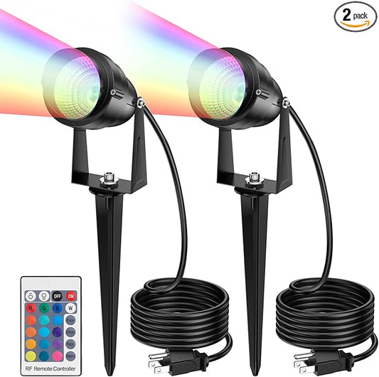 1500LM LED High Brightness Outdoor Landscape Lighting 15W RGBCW Color Changing Landscape Lights Remote Control Spot-Lights with Plug in IP66 Waterproof Flood Light for Garden - 2 Pack-BloomoryGarden
