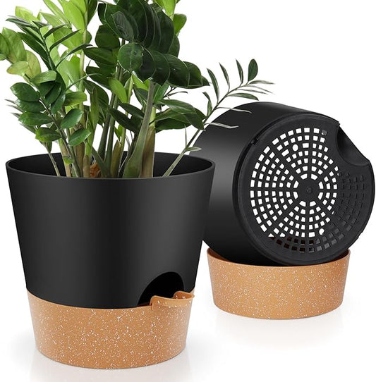 10-Inch Plant Pots, Self-Watering Planters with Drainage Holes & Saucers for Indoor and Outdoor Plants (2-Pack, Black)-BloomoryGarden