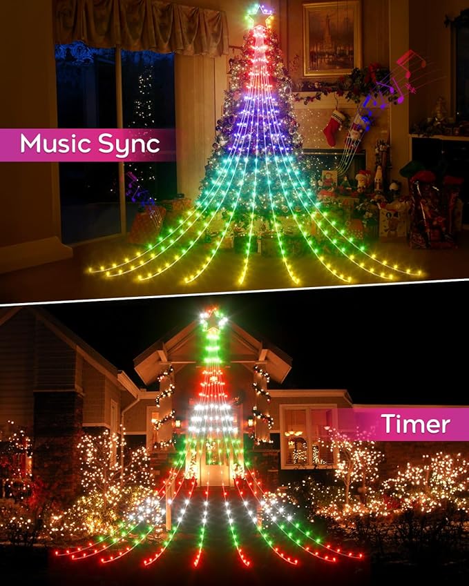 16.5FT Outdoor Christmas Decorations Tree Lights for Yard, Dynamic Star String Lights Waterfall App Control Color Changing Music Timer, Christams Lights Plug in 245 LEDs for Outside Xmas Home Decor-BloomoryGarden