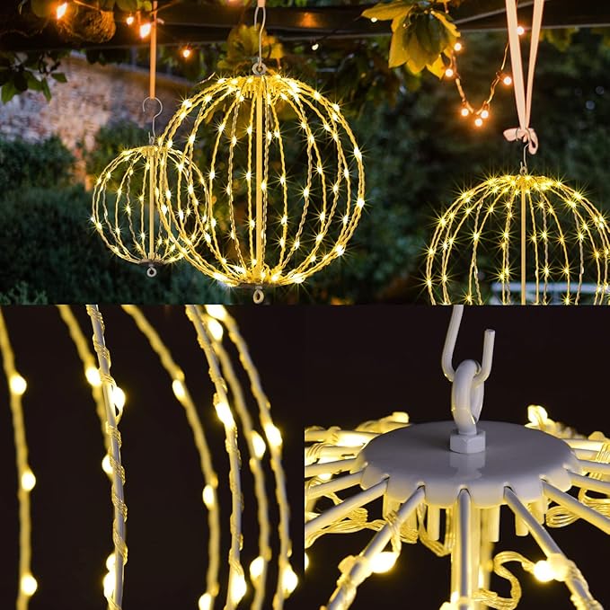 Hotelstar 96LED Foldable Light Sphere - 12IN Hanging, Pathway & Tree Light with Hook & Stake for Outdoor Garden, UL Listed, White Metal Frame, Warm White Light