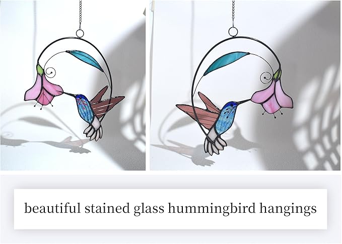 Lolitarcrafts Stained Glass Hummingbird Window Hangings with Flowers, Bird Stained Glass Suncatcher for Window Decor Hummingbird Gifts for Mom,Bird Lovers (Blue with Flower B)-BloomoryGarden