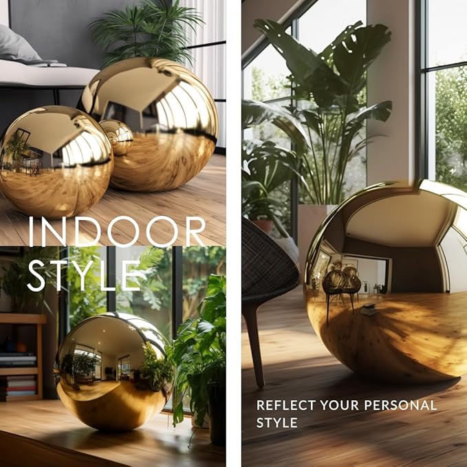 10 Inch Stainless Steel Gazing Globe,v2croft Hollow Ball Mirrored Surface Polished Shiny Sphere,Garden Stainless Steel Gazing Ball for Outdoor Lawn Pond Yard Ornament(Gold)-BloomoryGarden