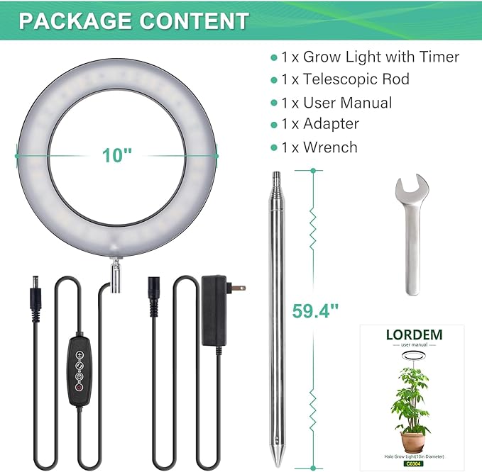 LORDEM 10" Full Spectrum Grow Light, 160 LEDs Plant Lamp for Indoor Plants, Grow Lamp with 4/8/12H Auto Timer, 10 Dimmable Levels, 3 Spectrum Modes, 61" Height Adjustable, Ideal for Large Tall Plants-BloomoryGarden