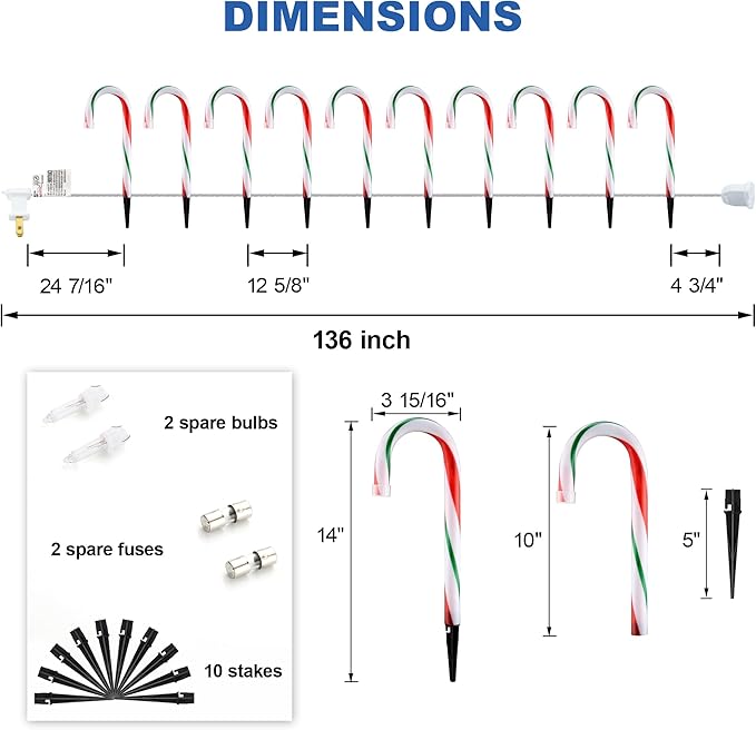 10" Christmas Candy Cane Lights - Set of 10 Pathway Markers Christmas Outdoor Yard Decorations, Xmas Candy Canes Stake Lights for Lawn Walkway Garden, Xmas Party Indoor Ornaments-BloomoryGarden