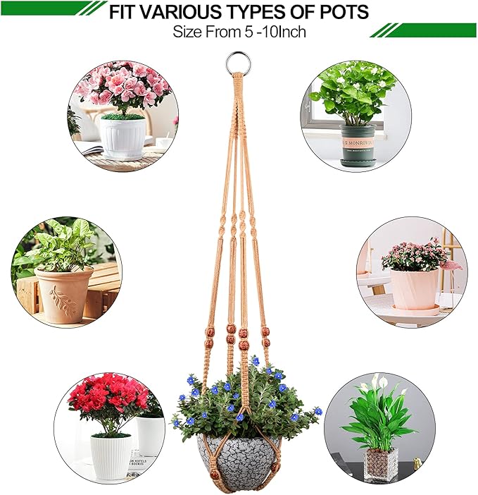 Macrame Plant Hanger for 5 to 10 Inch Plant Pots, Set of 2 Indoor Handmade 35 Inch Woven Rope Hanger Kits with Hooks and Wood Beads, Hanging Planter Basket Holder for Boho Home Decor (Brown, 2 Pack)-BloomoryGarden
