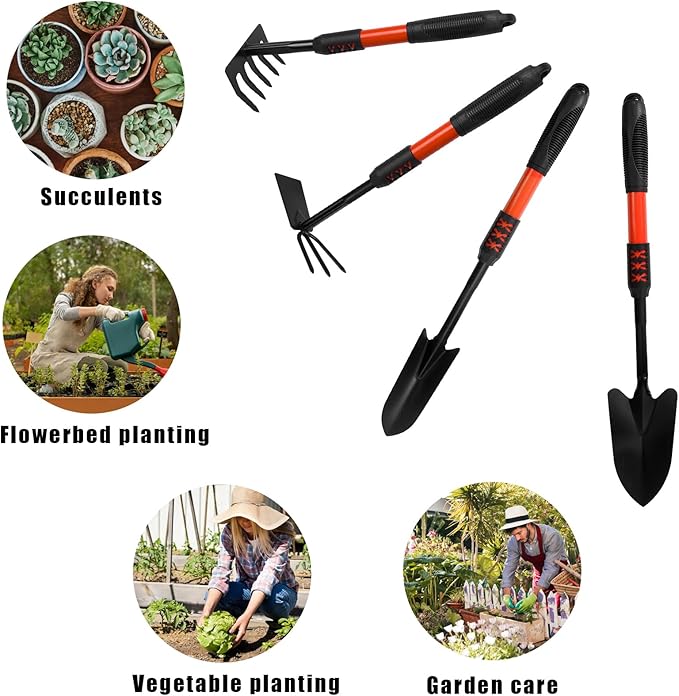 Luwint Gardening Tools Kit, Pack of 4 Garden Tool Set with Non-Slip Handle, Sturdy Classic Utility Tool Heavy Duty Steel Garden Tools with Long Ergonomic Handle for Maintaining Lawn Garden Vege-BloomoryGarden
