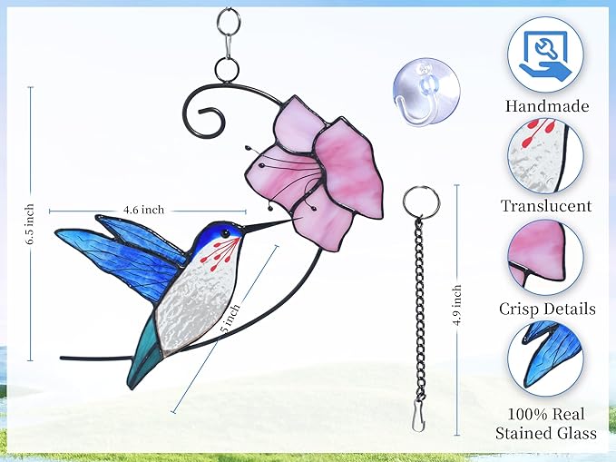 Lolitarcrafts Hummingbird with Flower Stained Glass Suncatcher Bird Stained Glass Window Hangings Hummingbird Gift for Home Decor (Blue with Flower)-BloomoryGarden