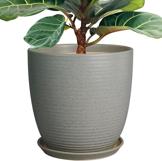 12 Inch Plant Pot, Ceramic Planter Pot with Drainage Hole and Saucer Round Large Flower Pot for Indoor Plants, Light Gray-BloomoryGarden