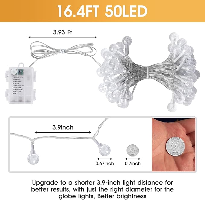 16.4ft 50LED Globe String Lights Indoor Bedroom Battery Operated, Crystal Fairy Light IP44 Waterproof Outdoor Hanging Decorative Lights for Home Tent Patio Garden Party Wedding Decor-BloomoryGarden