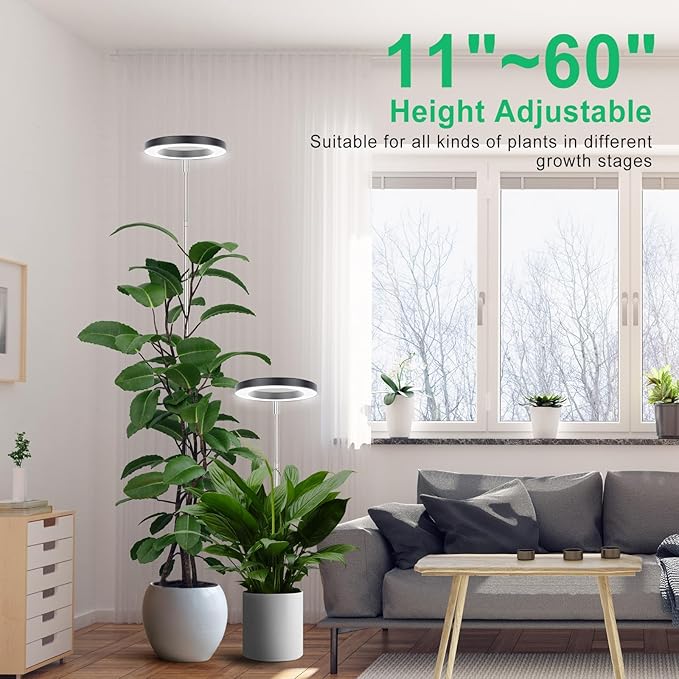LORDEM Plant Grow Light, Full Spectrum Plant Light for Indoor Plants, Brightness Adjustable LED Growing Lamp with Auto On/Off Timer 4H/8H/12H, Height Adjustable, 2 Packs of Black-BloomoryGarden