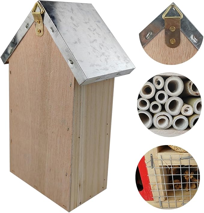 TIHOOD Natural Wooden Hanging Bee House for Gardens Natural Wooden Butterfly Hotel for Bee, Butterfly, Ladybirds, Habitat, Bee Hotel Garden-BloomoryGarden