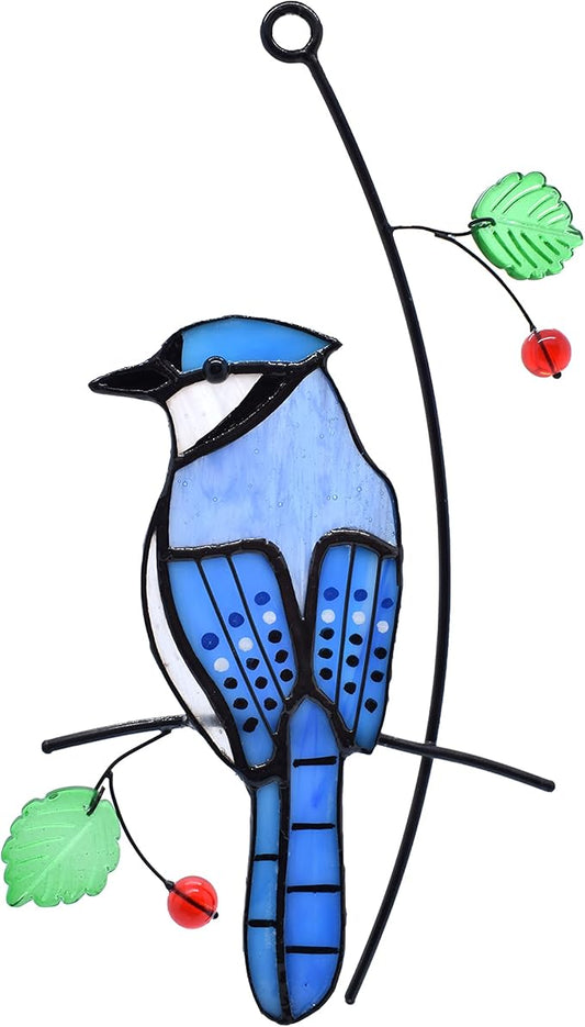 Lolitarcrafts Blue Jay Modern Stained Glass Window Hangings Blue Birds Suncathers for Window-BloomoryGarden