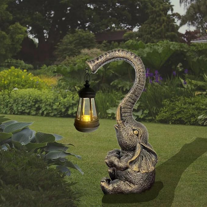 10.6 Inch Statue Elephant with Solar Outdoor Lights for Garden Decor，Lucky Present with Appeal For Birthdays(Man and Women and family)， Unique Housewarming Presents and Yard Decoration. (black)-BloomoryGarden