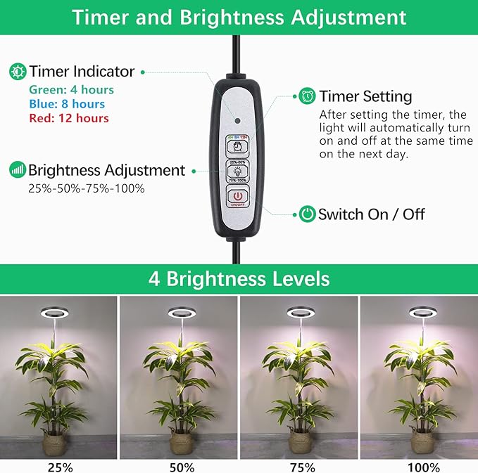 LORDEM Plant Grow Light, Full Spectrum Plant Light for Indoor Plants, Brightness Adjustable LED Growing Lamp with Auto On/Off Timer 4H/8H/12H, Height Adjustable, 2 Packs of Black-BloomoryGarden