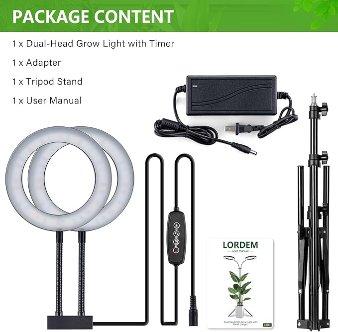LORDEM Grow Light for Indoor Plants, 7.9" Diameter Dual-Head Plant Light for Plants Growing, Full Spectrum Growth Lamp with Auto Timer 3/6/12H, 4 Dimmable Levels, 3 Lighting Modes, Adjustable Stand-BloomoryGarden