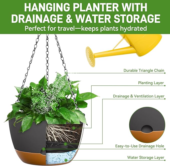 10 Inch Hanging Planters for Indoor & Outdoor Plants (2 Pack) - Self-Watering & Drainage Flower Pots with 2 Kinds of Plant Hangers for Home Decor & Garden (Deep Gray, 10 in)-BloomoryGarden