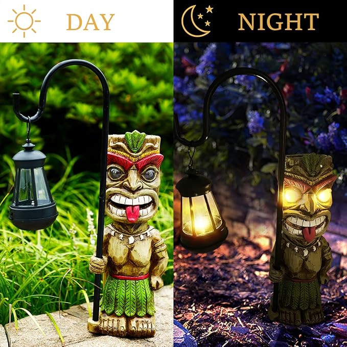 16.7" H Tiki Decor Garden Statue,Large Lantern Tiki Figurine with Solar Lights,Hawaiian Tiki Man Outdoor Patio Yard Lawn Bar Party Beach Pool Pond Halloween Christmas Decoration Ornament Gifts-BloomoryGarden