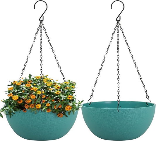 13 inch Large Hanging Planters Plant Pots for Outdoor Indoor Plants with Drainage Holes and Chain, 2 Pack Round Hanging Flower Pots for Garden Home Porch Decor, Blue Green-BloomoryGarden