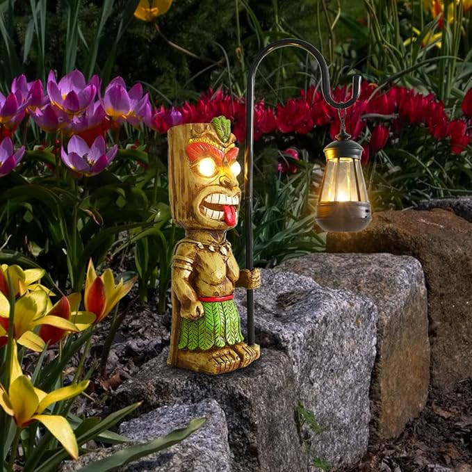 16.7" H Tiki Decor Garden Statue,Large Lantern Tiki Figurine with Solar Lights,Hawaiian Tiki Man Outdoor Patio Yard Lawn Bar Party Beach Pool Pond Halloween Christmas Decoration Ornament Gifts-BloomoryGarden