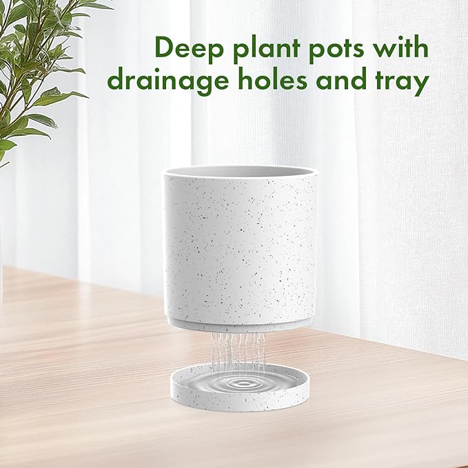 10/8/6 inch Deep Flower Pots, Cylinder Large Plant Pots for Outdoor Indoor Plants, 3 Pack Tall Plastic Planters with Drainage Holes and Saucers for Garden House Plants, Speckled White-BloomoryGarden