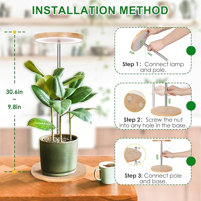 LORDEM Bamboo Grow Light, LED Plant Light for Indoor Plants Growing, Full Spectrum Bamboo Desk Growth Lamp with Automatic Timer for 4H/8H/12H, 4 Dimmable Levels, Height Adjustable-BloomoryGarden