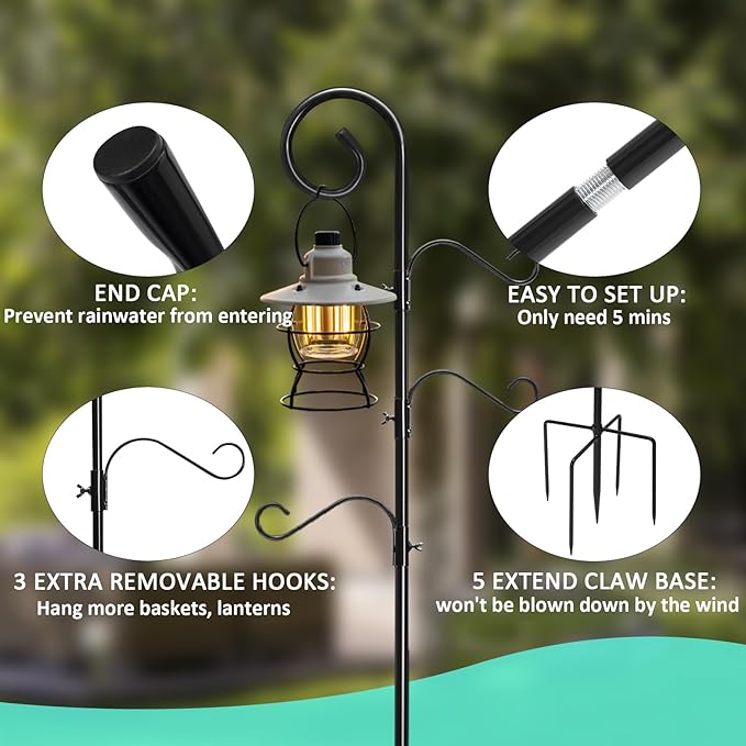 108 Inch Shepherds Hooks for Outdoor 2 Pack, Bird Feeder Poles with 4 Hooks, Shepherds Hook for Bird Feeders Outside with Base, Garden Pole for Hanging Plant Baskets, Weddings Decor (108 Inch)-BloomoryGarden