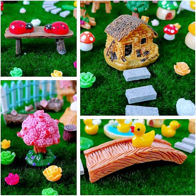 100 Pcs Miniature Fairy Garden Accessories Mini Landscape, Resin Micro Buildings Structures Tiny Animals Figurines-BloomoryGarden