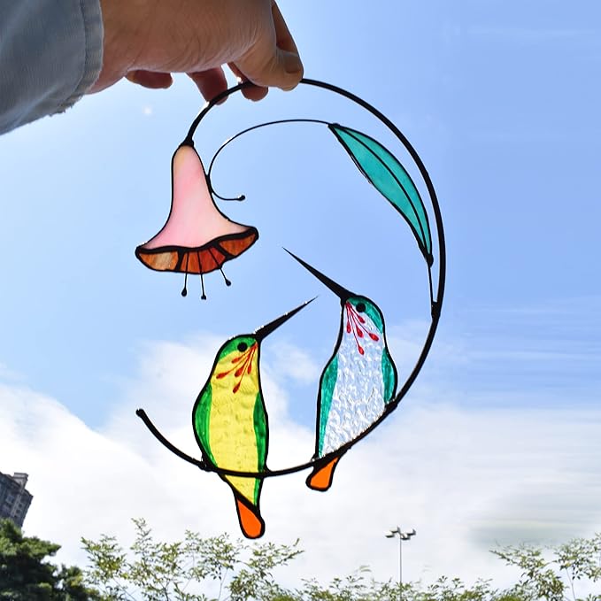 Lolitarcrafts Hummingbird with Flower Stained Glass Suncatcher Bird Stained Glass Window Hangings Hummingbird Gift for Home Decor (Green 1 Pair)-BloomoryGarden