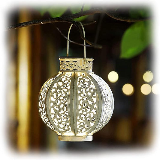 MAGGIFT 2 Pack Hanging Solar Lights for Outside,Solar Lanterns Outdoor Waterproof,Retro Hanging Lantern with Handle for Yard, Garden Decor, Gardening Gifts, Mom Birthday Gift, Beige White-BloomoryGarden
