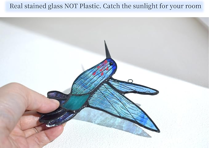 Lolitarcrafts Stained Glass Hummingbird Window Hangings with Flowers, Bird Stained Glass Suncatcher for Window Decor Hummingbird Gifts for Mom,Bird Lovers (Blue A)-BloomoryGarden