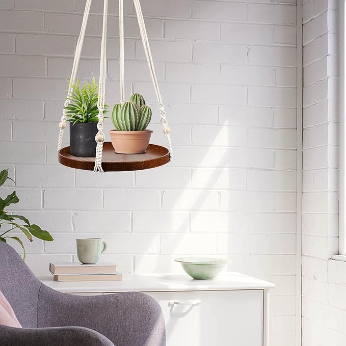 Macrame Plant Hanger - 2 Set Indoor Hanging Planter Shelf - Hanging Planter Rack Decorative Flower Pot Holder - Handmade Cotton Plant Hangers with Wood Tray Boho Home Decor-BloomoryGarden