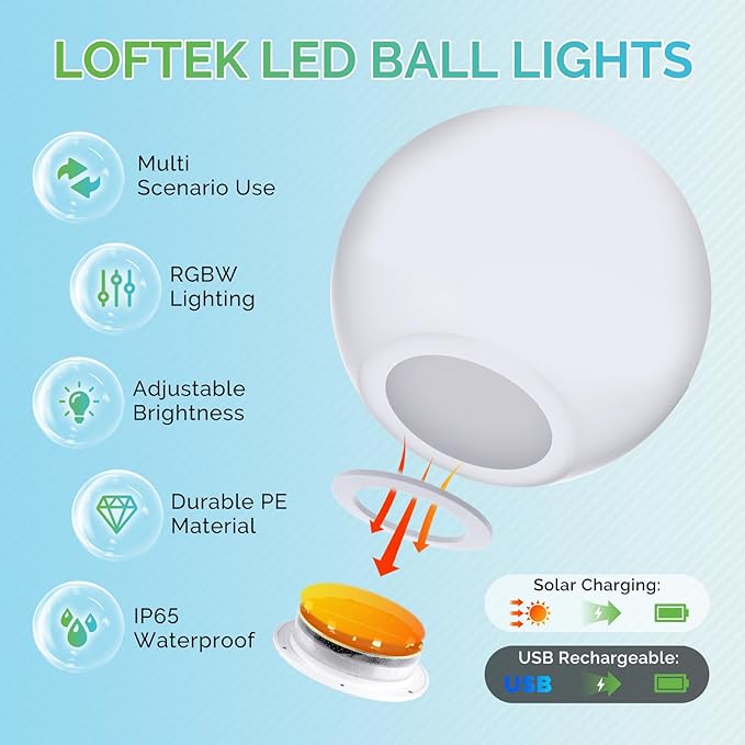 LOFTEK Solar Ball Lights with Ground Stake, RGBW Colors Changing Mood IP65 Waterproof Rechargeable Night Lights - Outdoor Solar Lights for Lawn Patio Yard Walkway, 8-inch-BloomoryGarden