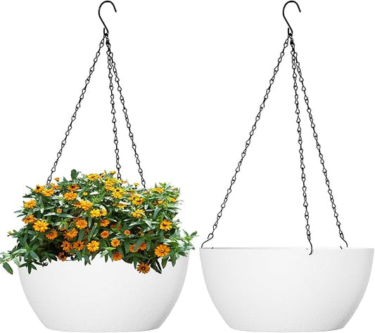 13 inch Large Hanging Planters Plant Pots for Outdoor Indoor Plants with Drainage Holes and Chain, 2 Pack Round Hanging Flower Pots for Garden Home Porch Decor, White-BloomoryGarden