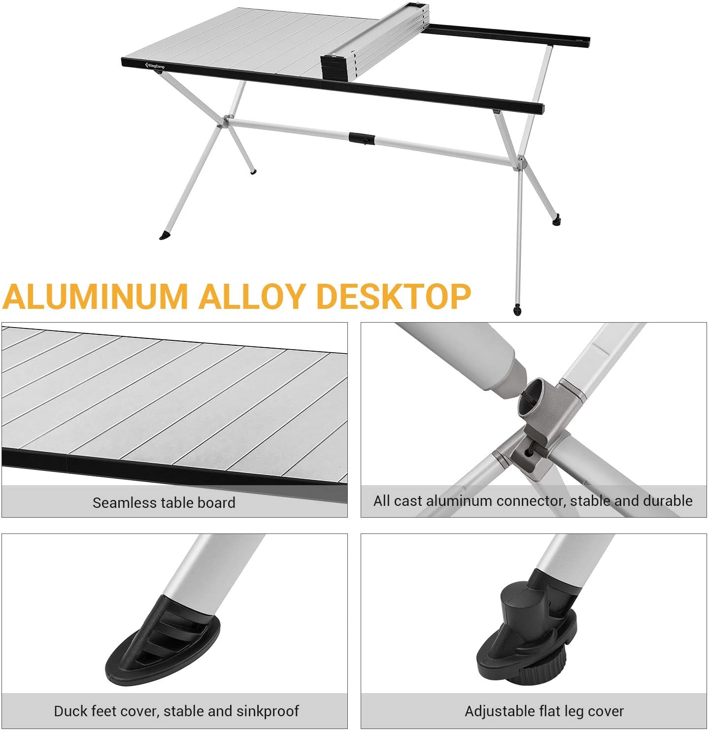 KingCamp Folding Camping Table Aluminum Roll Up Table Oversized Large Camp Table Stable Portable Outdoor Folding Table for Picnic Camping Barbecue Backyard Party,57.4''×31.4''4-6 Person,Support 176lbs-BloomoryGarden