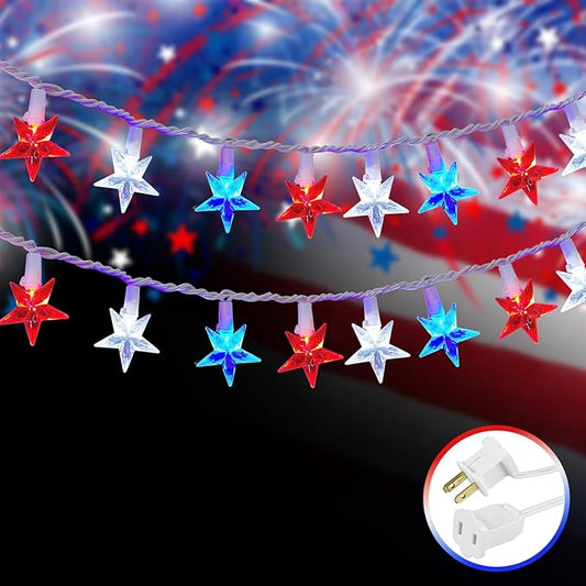 100 LED Red White and Blue Star Lights, 37FT 4th of July Star String Lights Plug in for Home Patio Garden Yard Memorial Day Independence Day Patriotic Decorations Outdoor, White Wire-BloomoryGarden